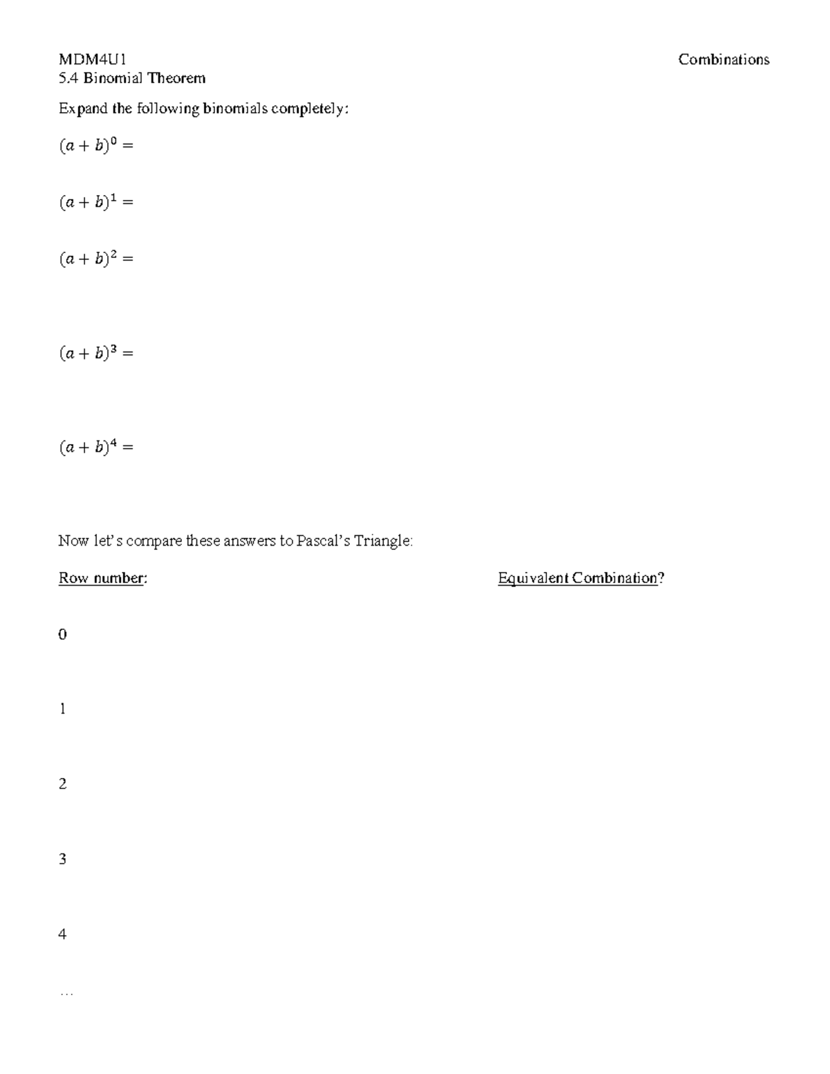 5.4 Binomial Theorem - jkajkjdl - MDM4U1 Combinations 5 .4 Binomial ...