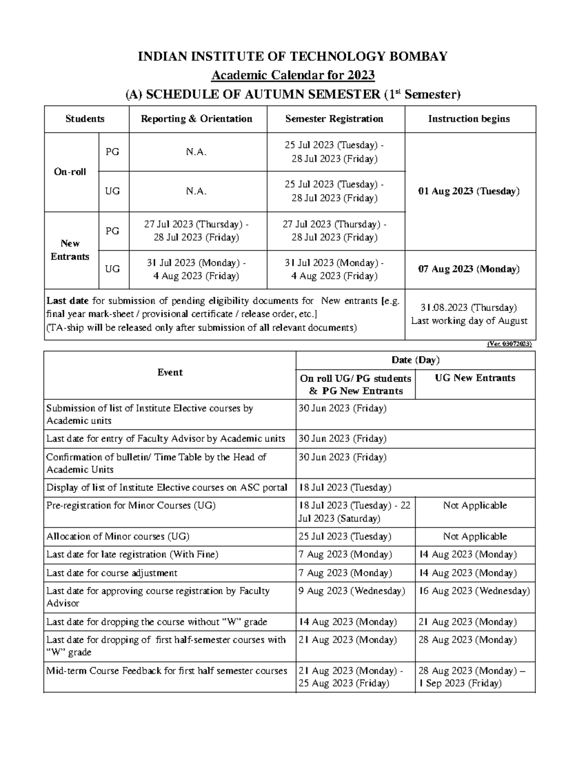 Final Academic Calendar 202324 INDIAN INSTITUTE OF TECHNOLOGY BOMBAY