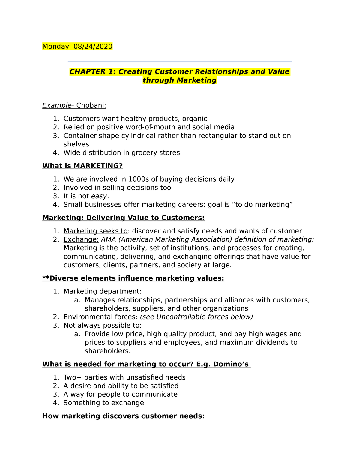 Mkt Notes From Mcgraw Hill Connect Mkt 3300 Textbook Monday 0824 Chapter 1 Creating 7999