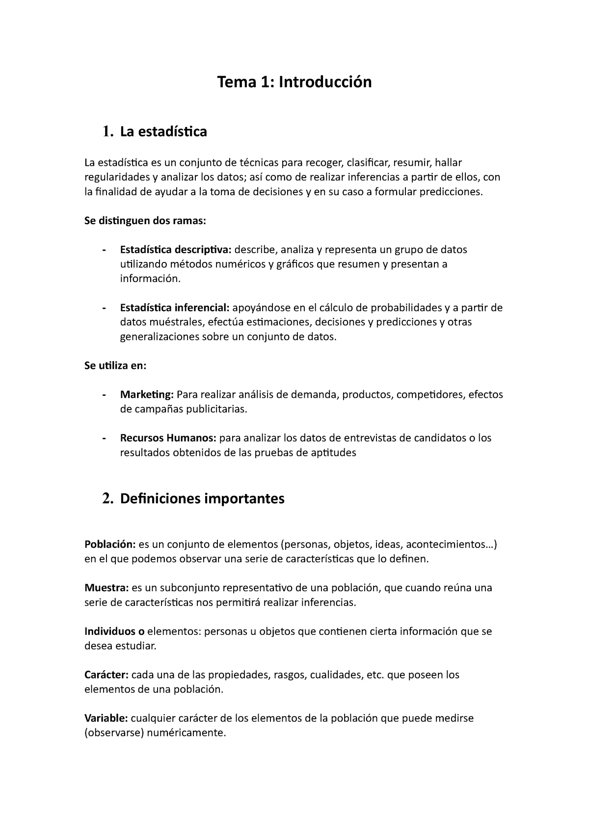 Tema 1 - Resumen Introducción A La Estadística - Tema 1: Introducción 1 ...