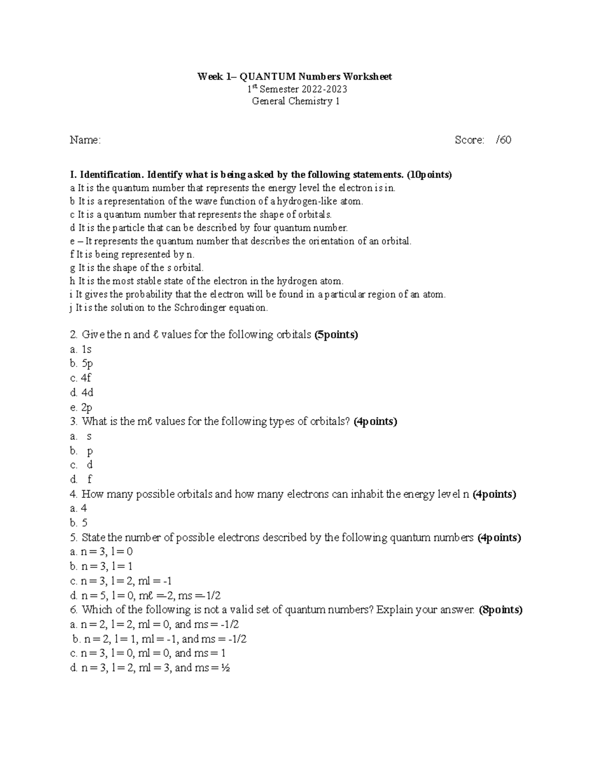 Gen Chem 1 Quantum Numbers Worksheet - Week 1– QUANTUM Numbers ...