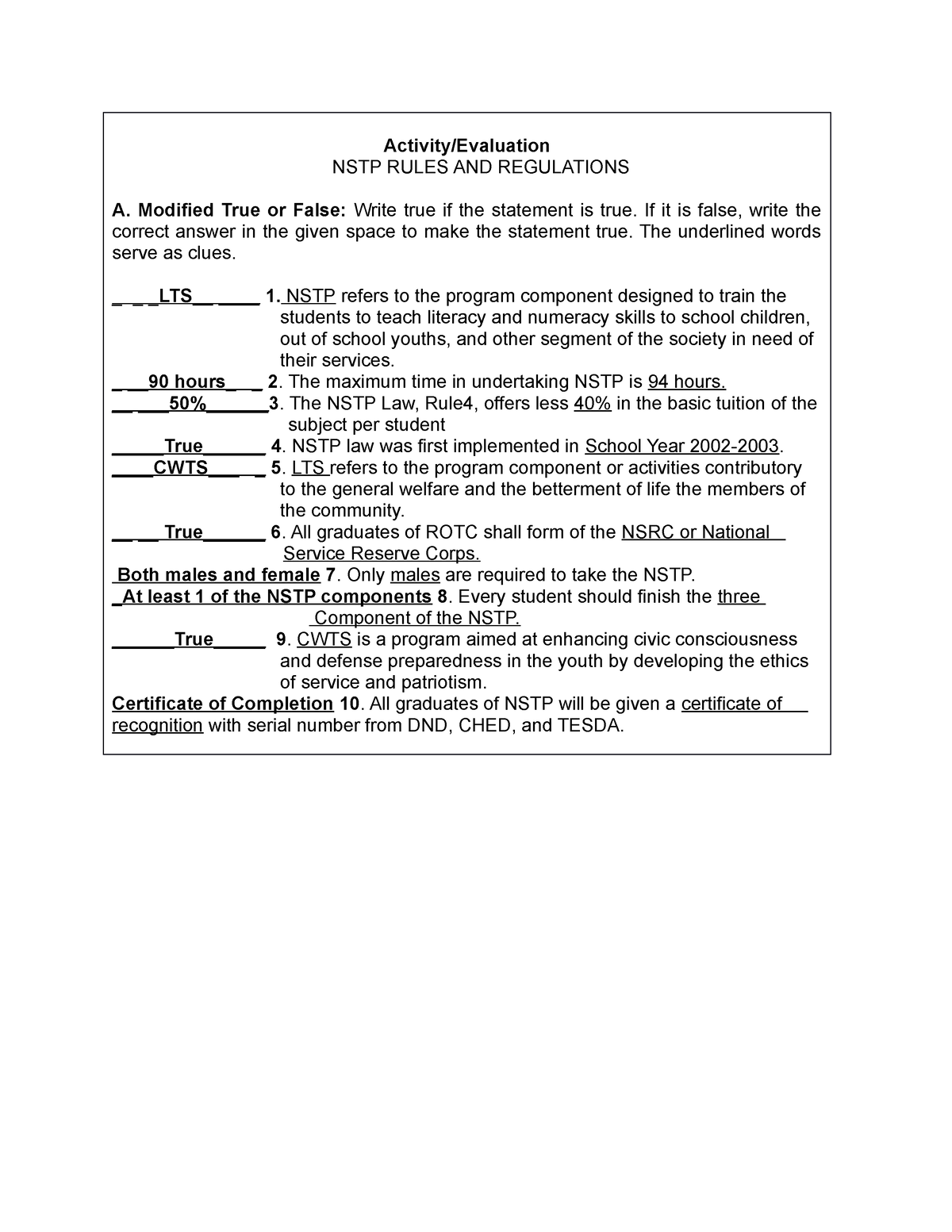 NSTP Activity Activity Evaluation NSTP RULES AND REGULATIONS A 