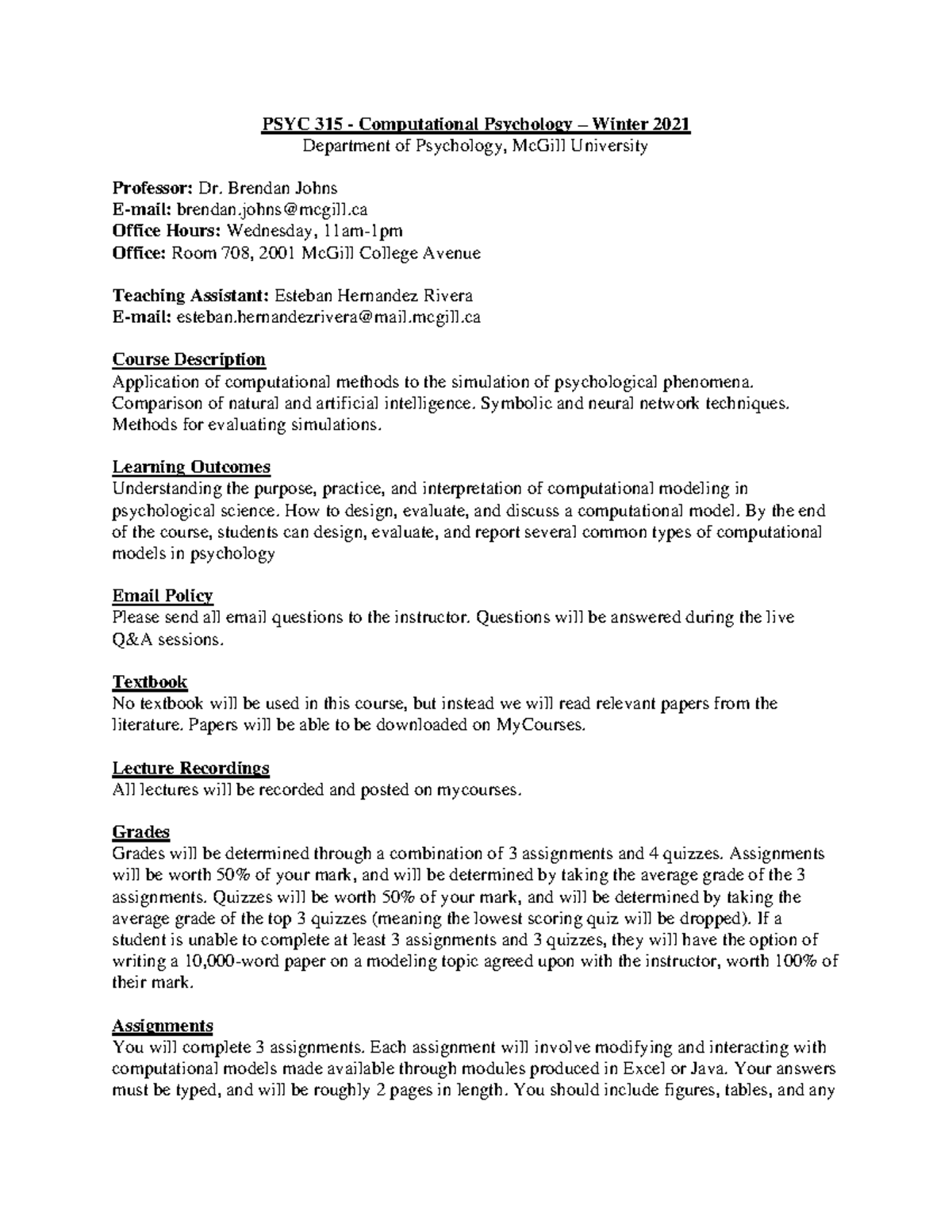 PSYC315 W2023 syllabus PSYC 315 Computational Psychology Winter