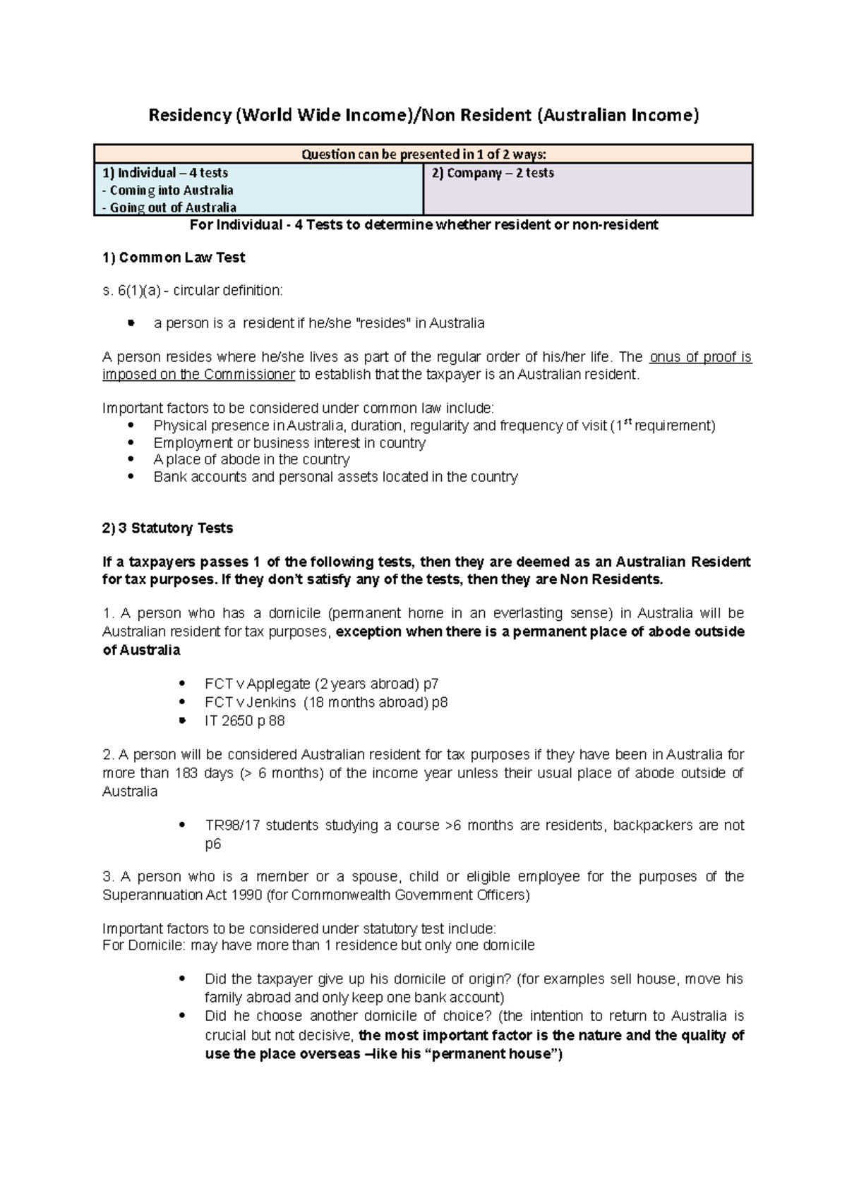 Summary - Residency - Residency (World Wide Resident (Australian Income ...