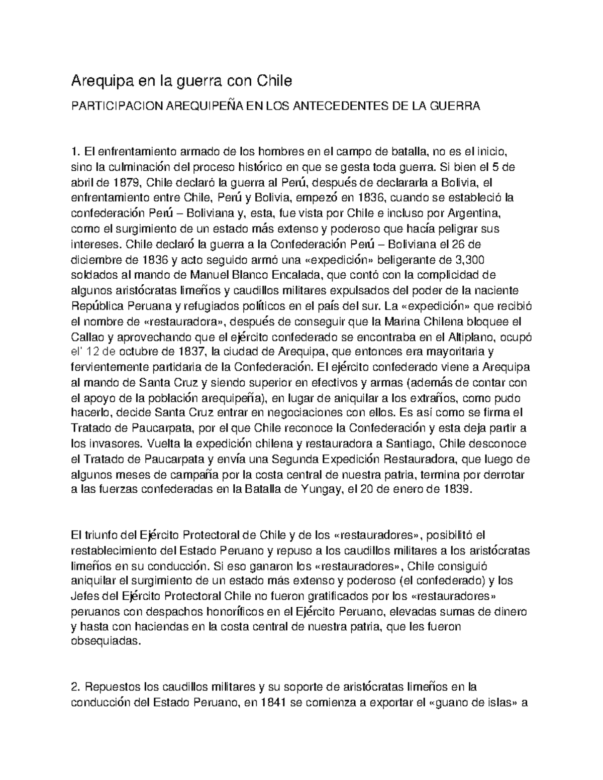 Arequipa en la guerra con Chile Arequipa en la guerra con Chile