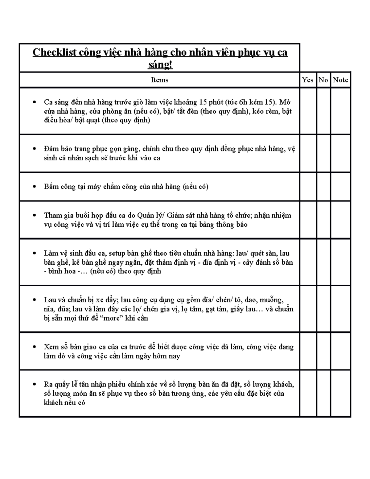 Mẫu checklist công việc nhà hàng - Checklist công việc nhà hàng cho ...