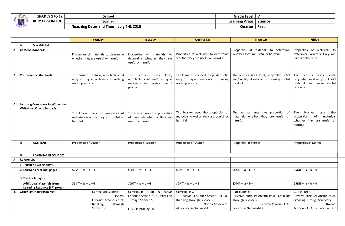 Science JUL-MAR - none - GRADES 1 to 12 DAILY LESSON LOG School Grade ...