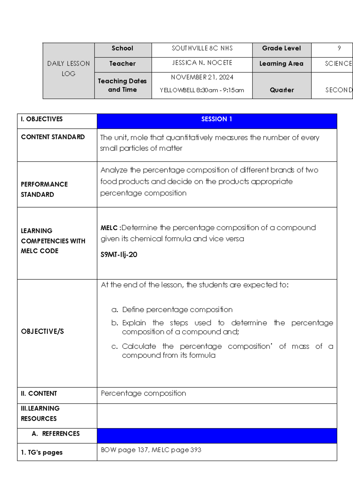 Percentage of composition - DAILY LESSON LOG School SOUTHVILLE 8C NHS ...