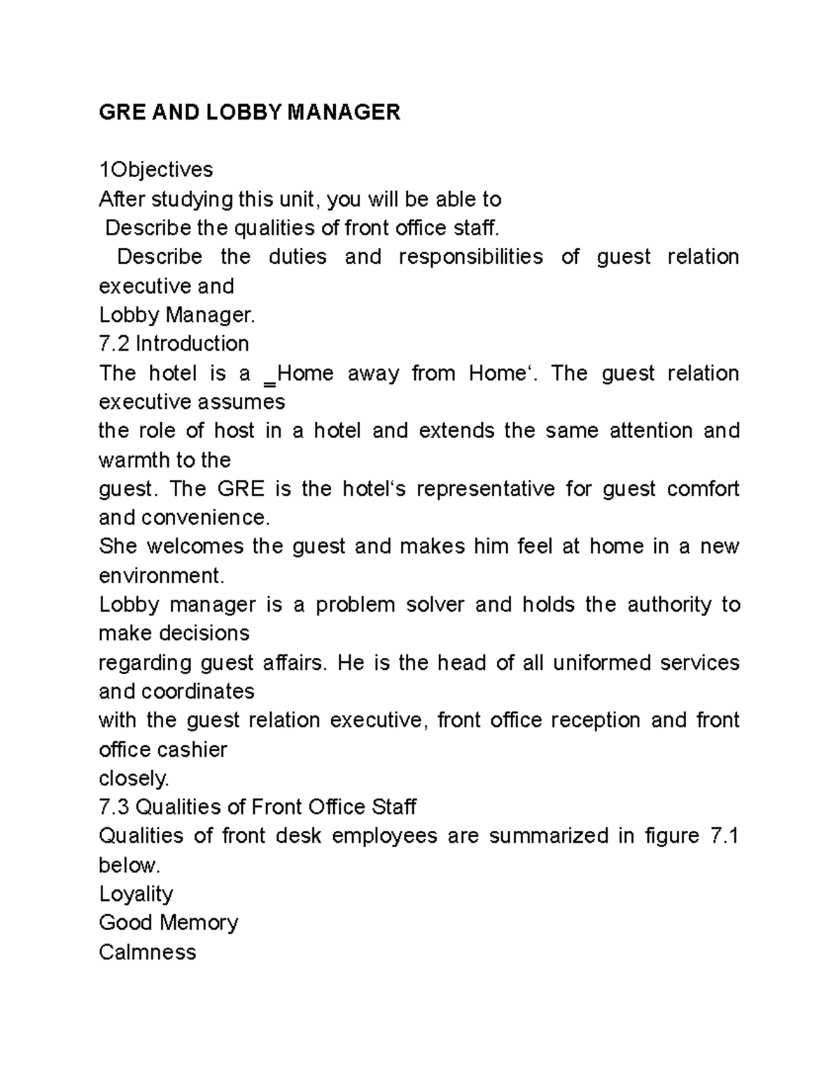 GRE AND Lobby Manager (hospitality) - Masters of Business ...