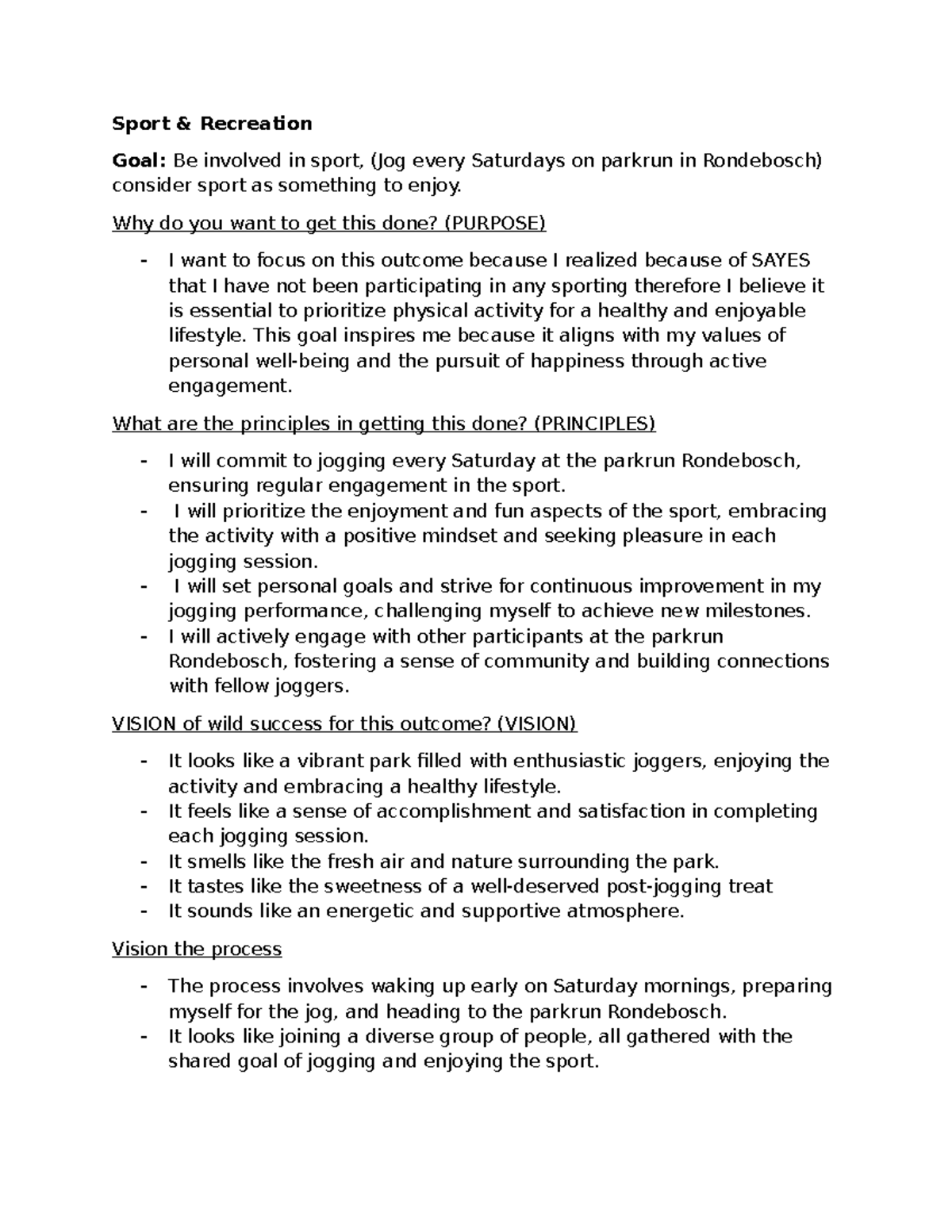 Sport and recreation - Sport & Recreation Goal: Be involved in sport ...