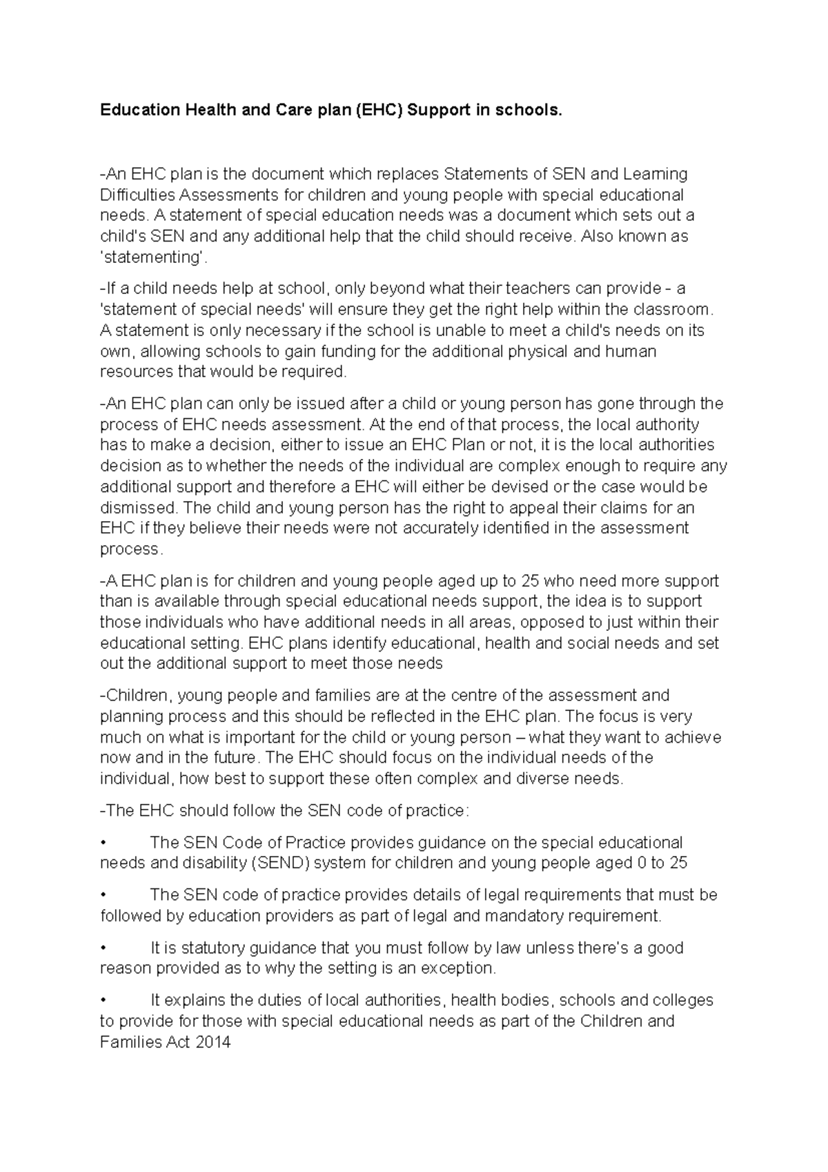 Education Health and Care plan - EHC plan is the document which ...