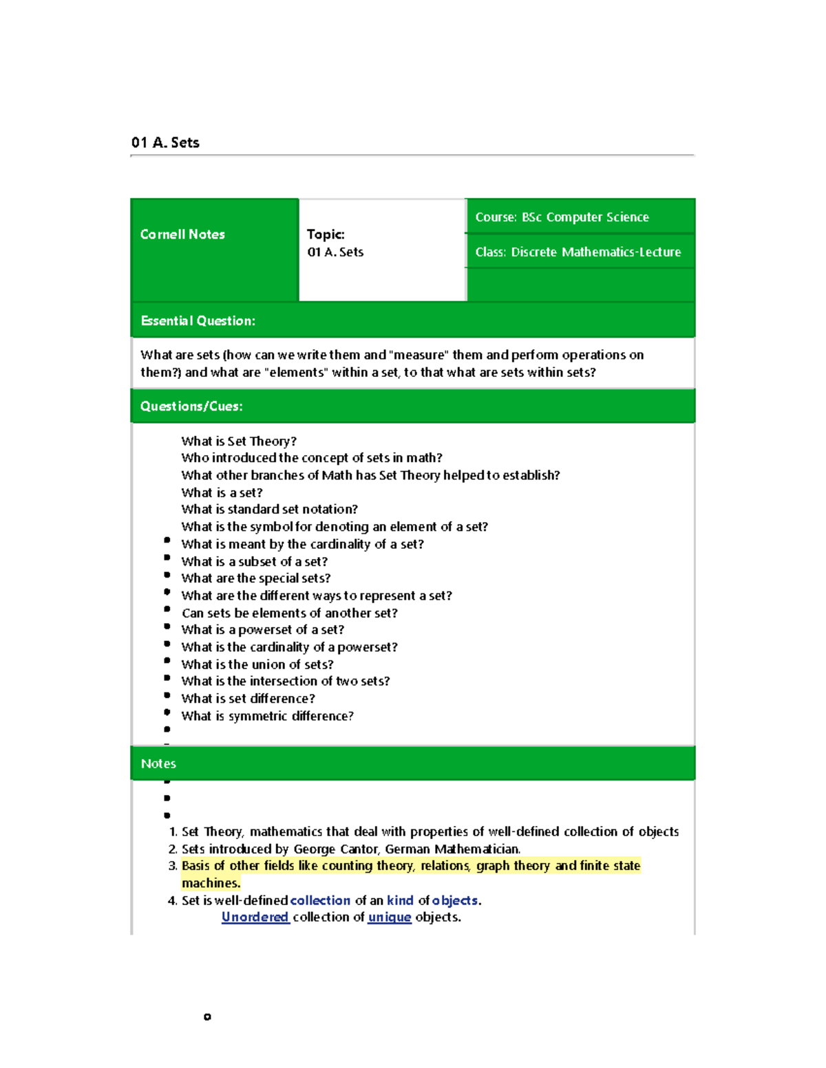 Discrete Mathematics Essential Questions - 01 A. Sets Cornell Notes ...
