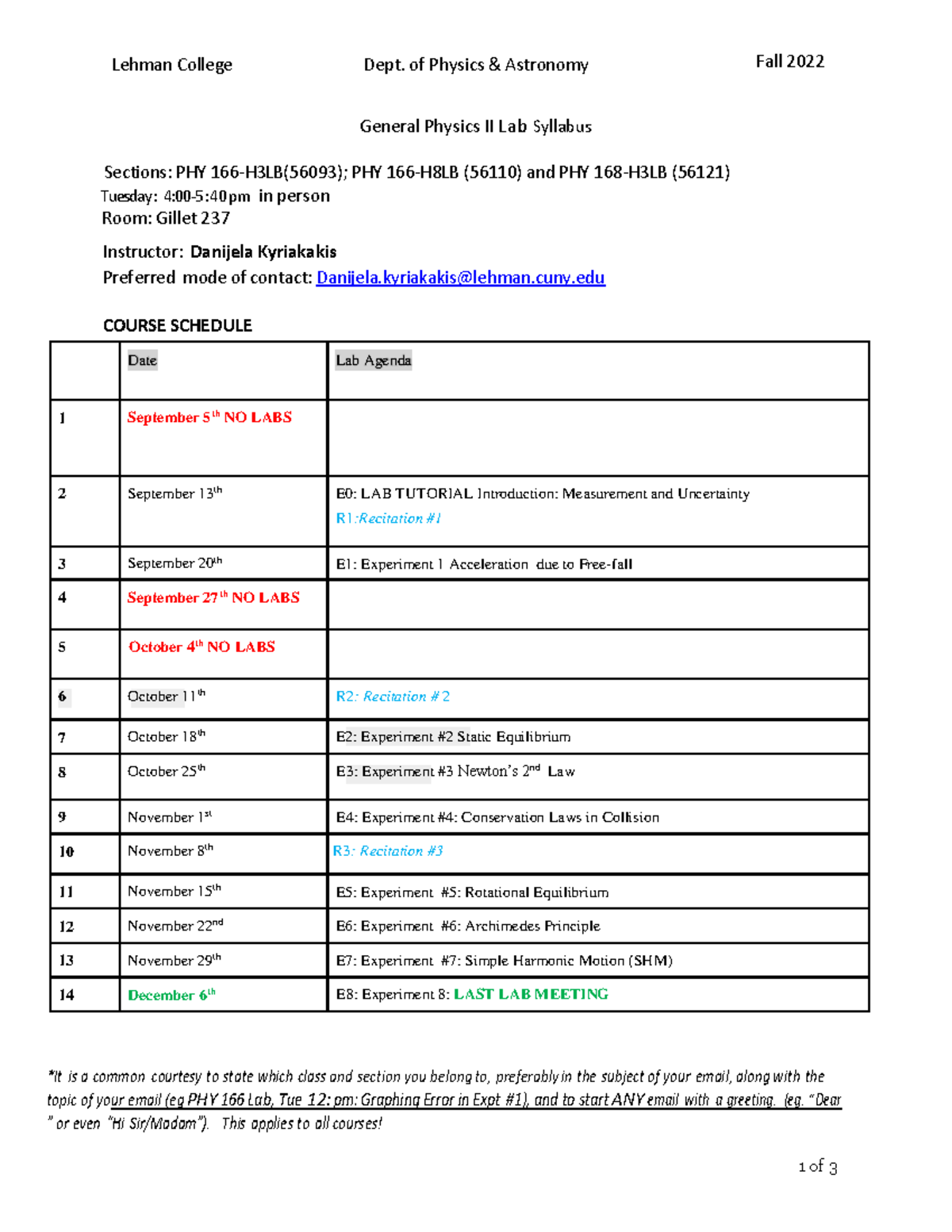 PHY166-168 Tuesday 4pm - 1 Of 3 General Physics II Lab Syllabus ...