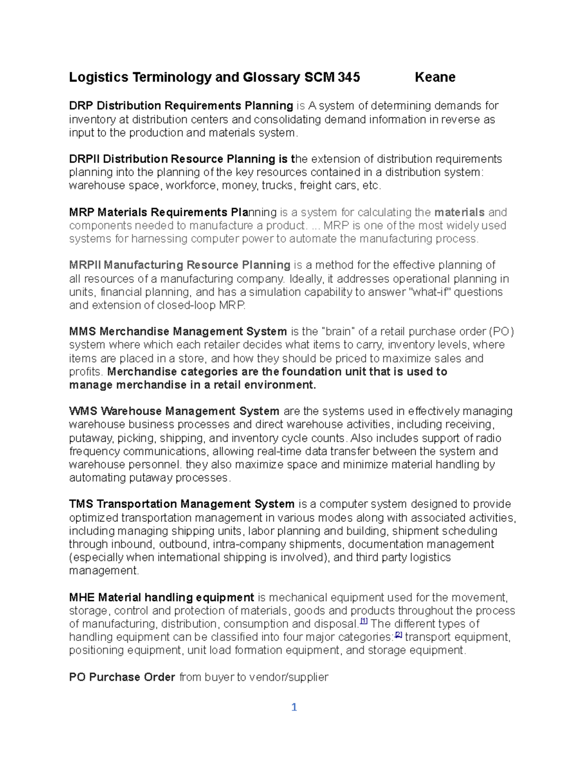 Logistics Glossary SCM 345 Logistics Terminology and Glossary SCM 345