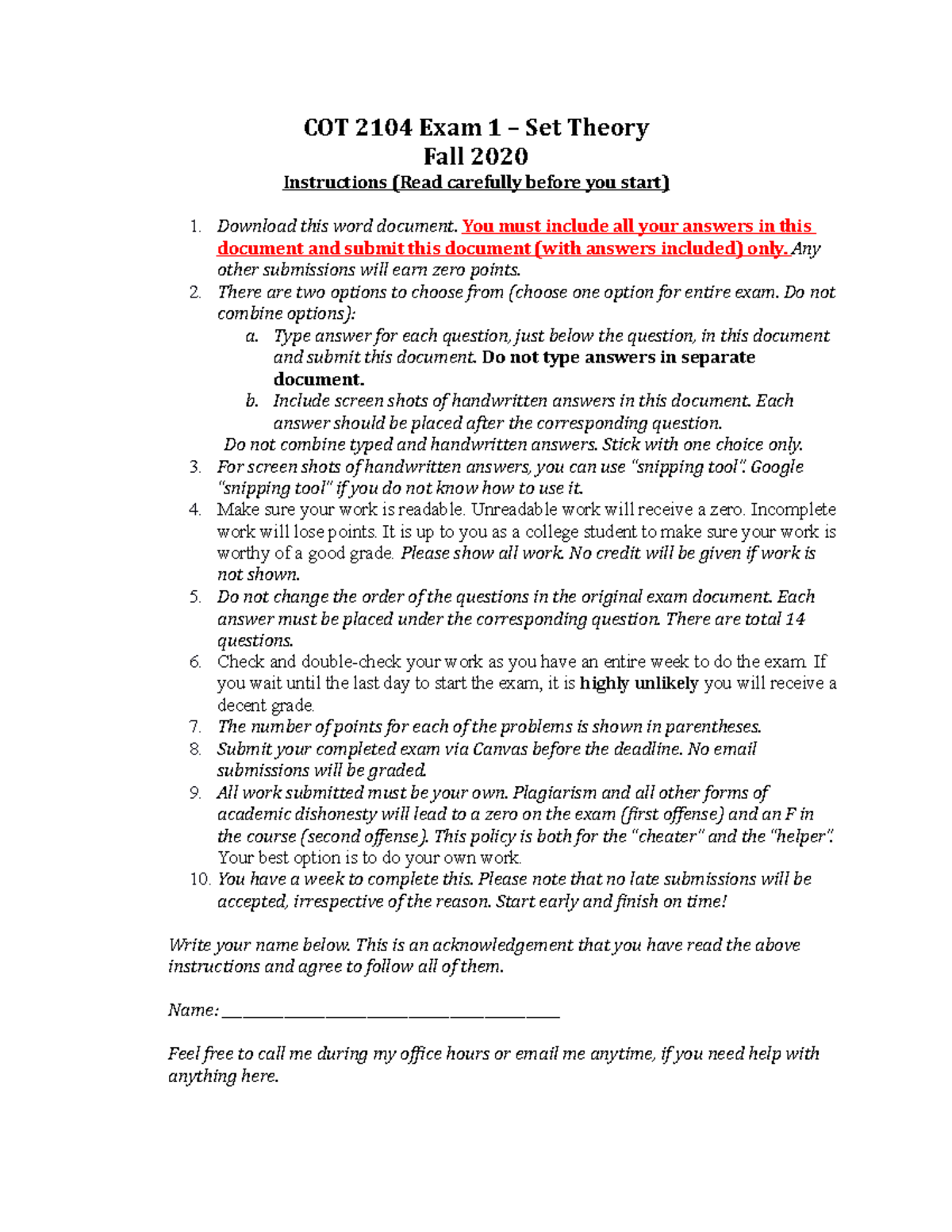 COT 2104 Exam 1 Set Theory Fall 2020 COT 2104 Exam 1 Set Theory