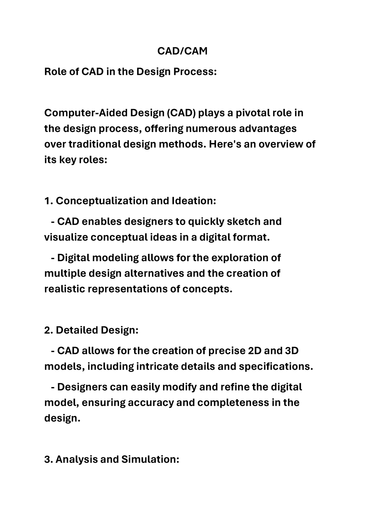 Cadcam - notes - CAD/CAM Role of CAD in the Design Process: Computer ...