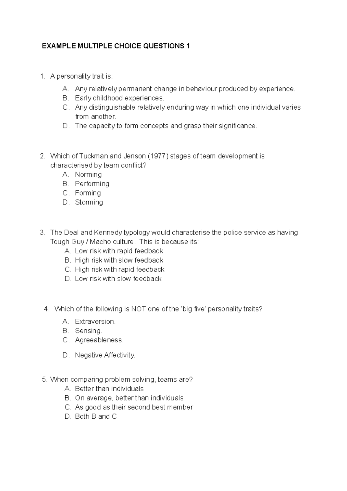 Example MCQs - EXAMPLE MULTIPLE CHOICE QUESTIONS 1 A personality trait ...