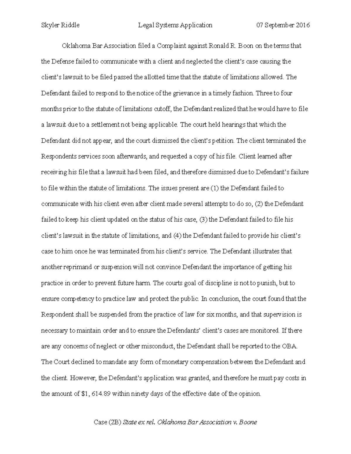 Oklahoma Bar Association v. Boone Skyler Riddle Legal Systems