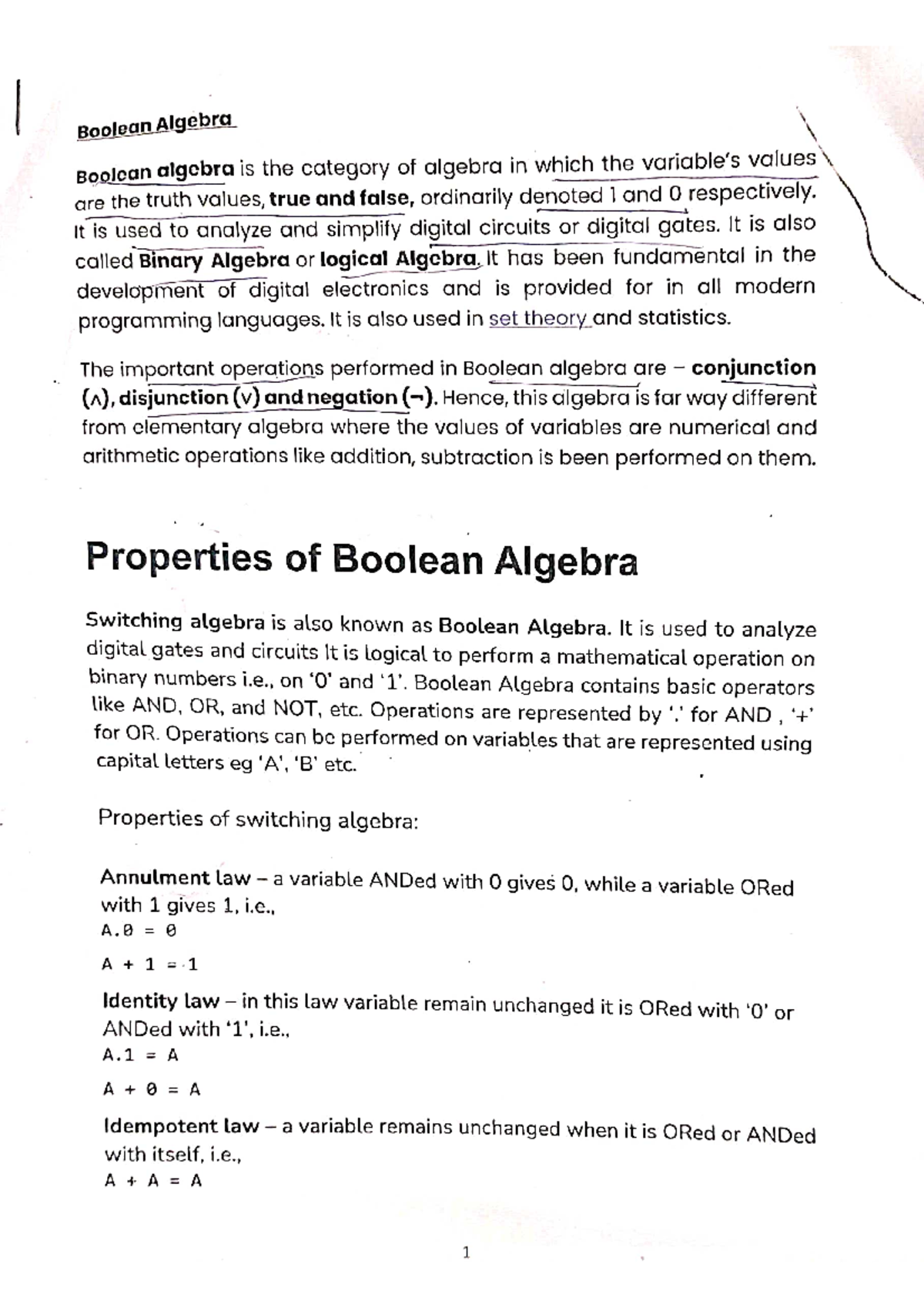 Boolean algebra - if you're looking for notes that might help you with ...