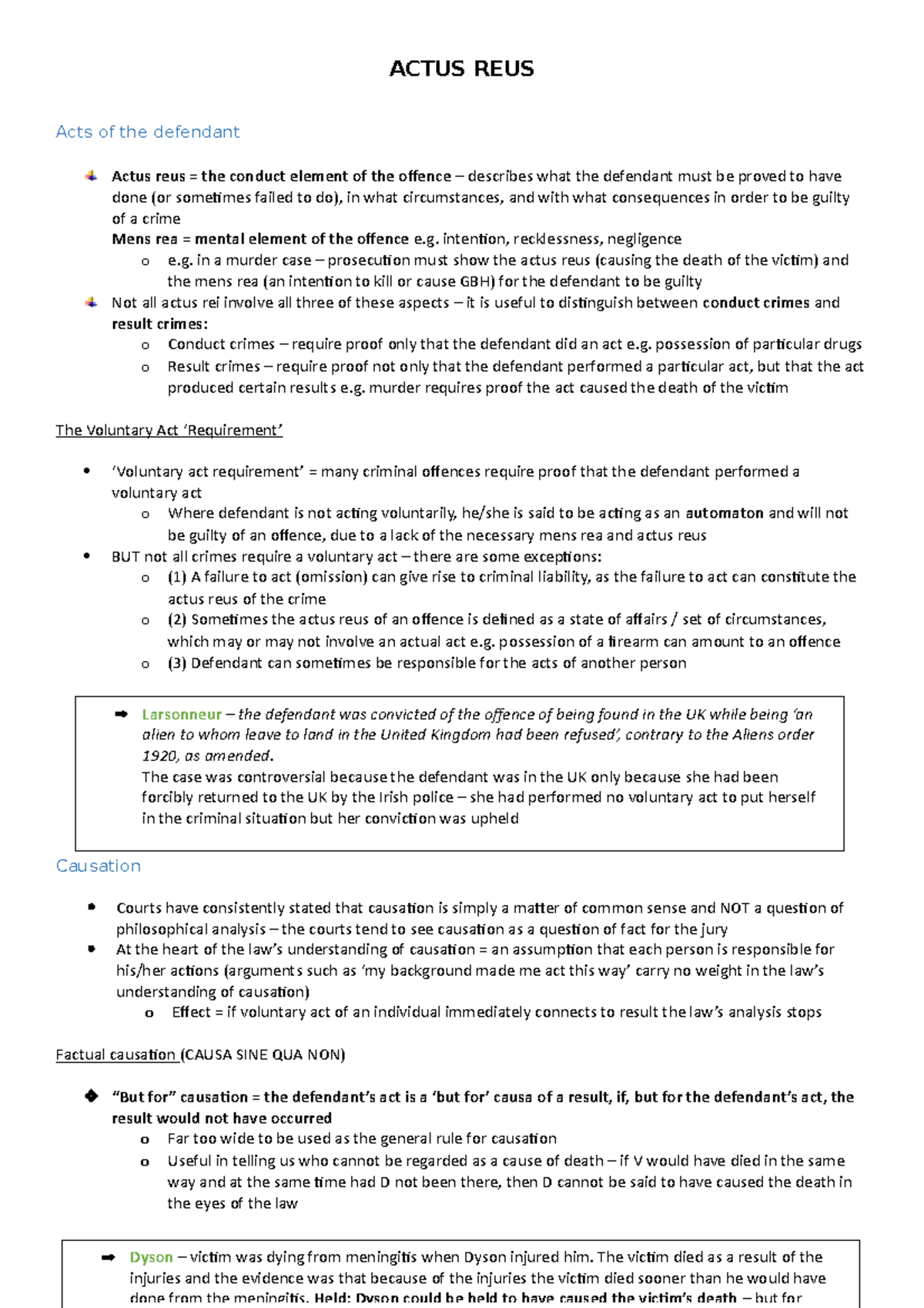 Revision-Week1Crim Notes - ACTUS REUS Acts of the defendant Actus reus ...