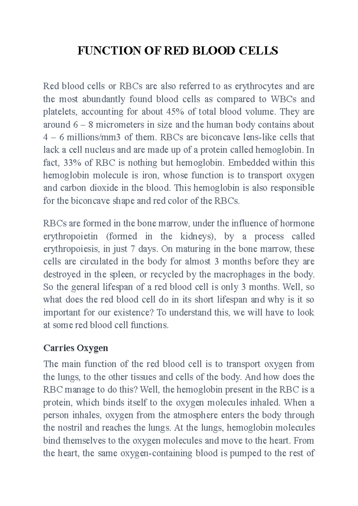 Function of red blood cells function of red blood cells red blood