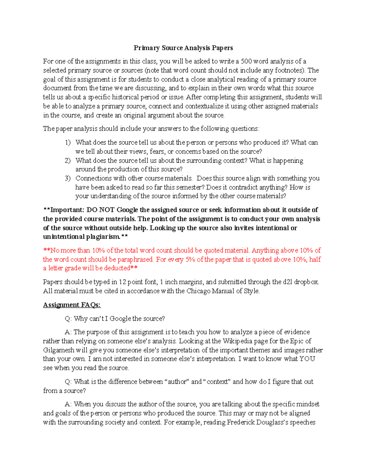 Primary Source Analysis Paper Instructions And Grading Rubric - HIST ...