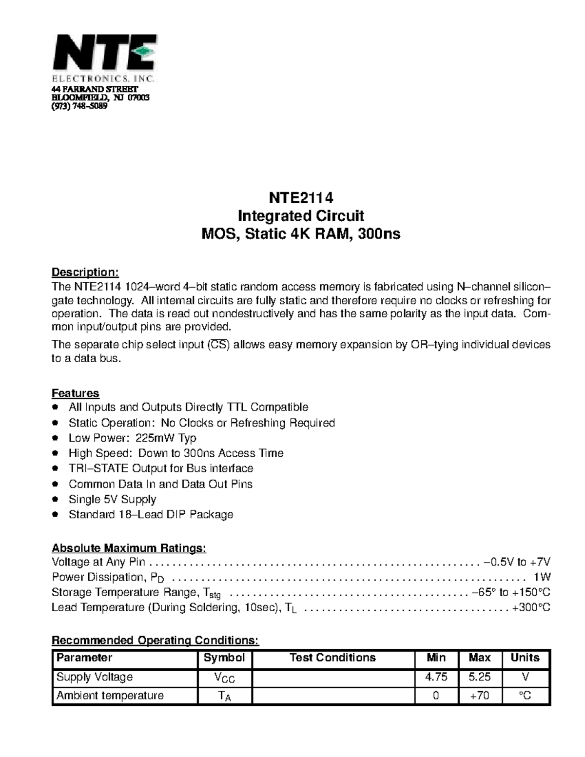 Datasheet ram 2114 - RAM INTEGRADOS - NTE Integrated Circuit MOS ...