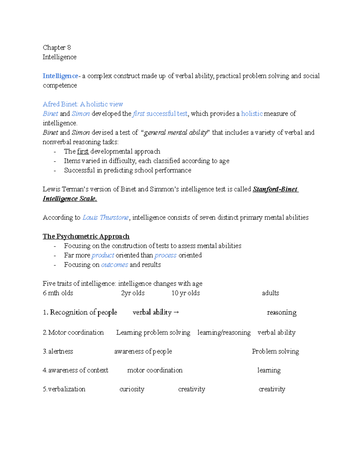 Developmental Psychology Chapter 8 notes - Chapter 8 Intelligence ...