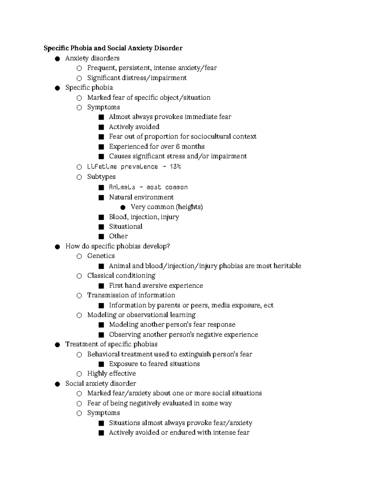 PSYCH380 Notes (Exam2) - Specific Phobia and Social Anxiety Disorder ...