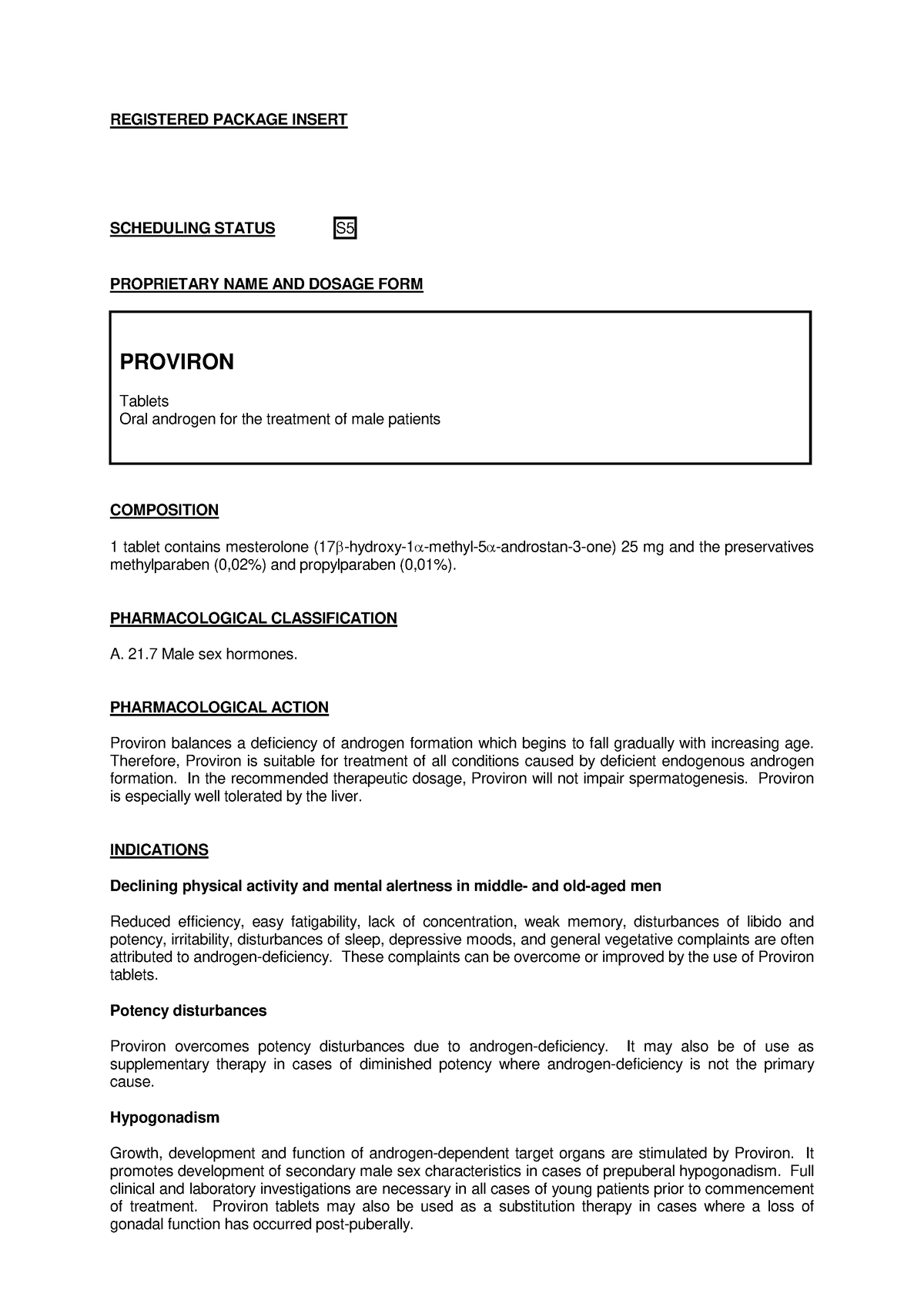 Proviron EN PI - Information - REGISTERED PACKAGE INSERT SCHEDULING ...