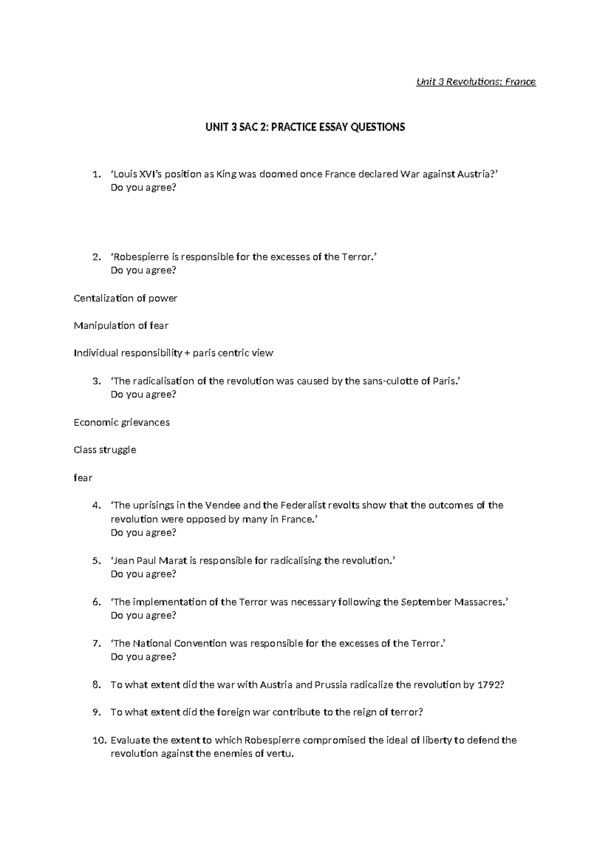 2024 SAC 2 Practice Essay questions - Unit 3 Revolutions: France UNIT 3 ...