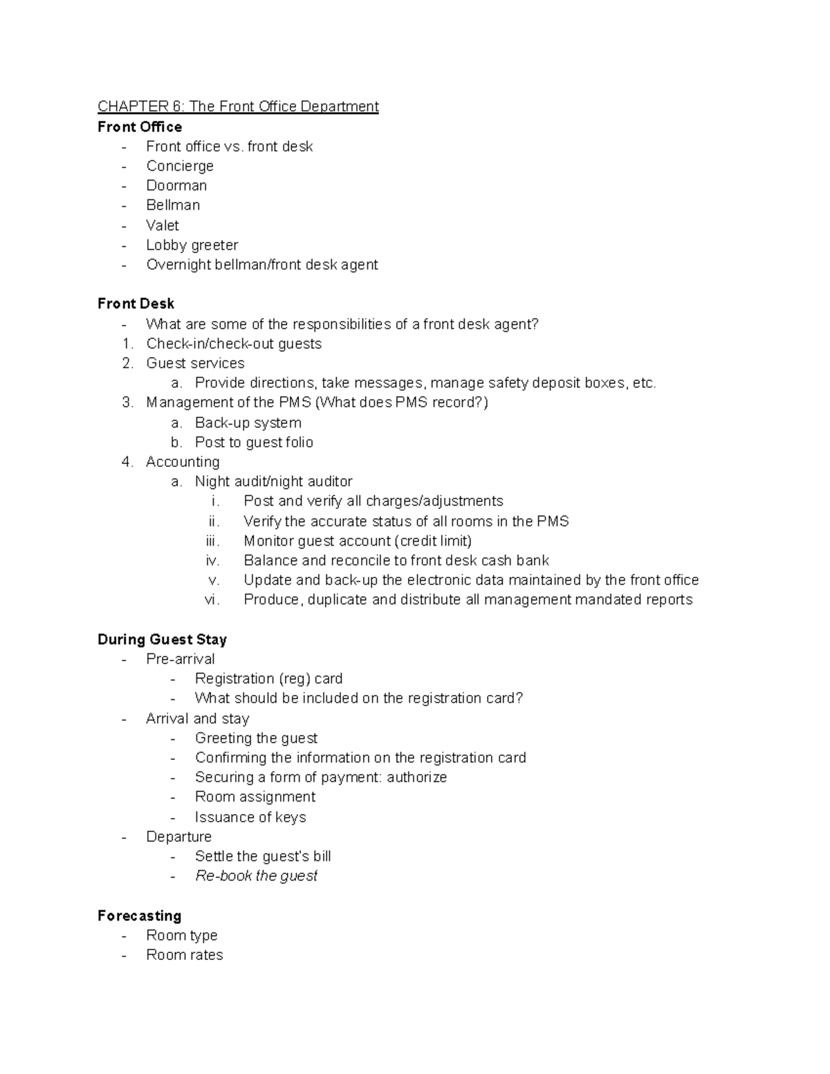 HRTM 260 Test 2 Study Guide CHAPTER 6 The Front Office Department Front Office Front office