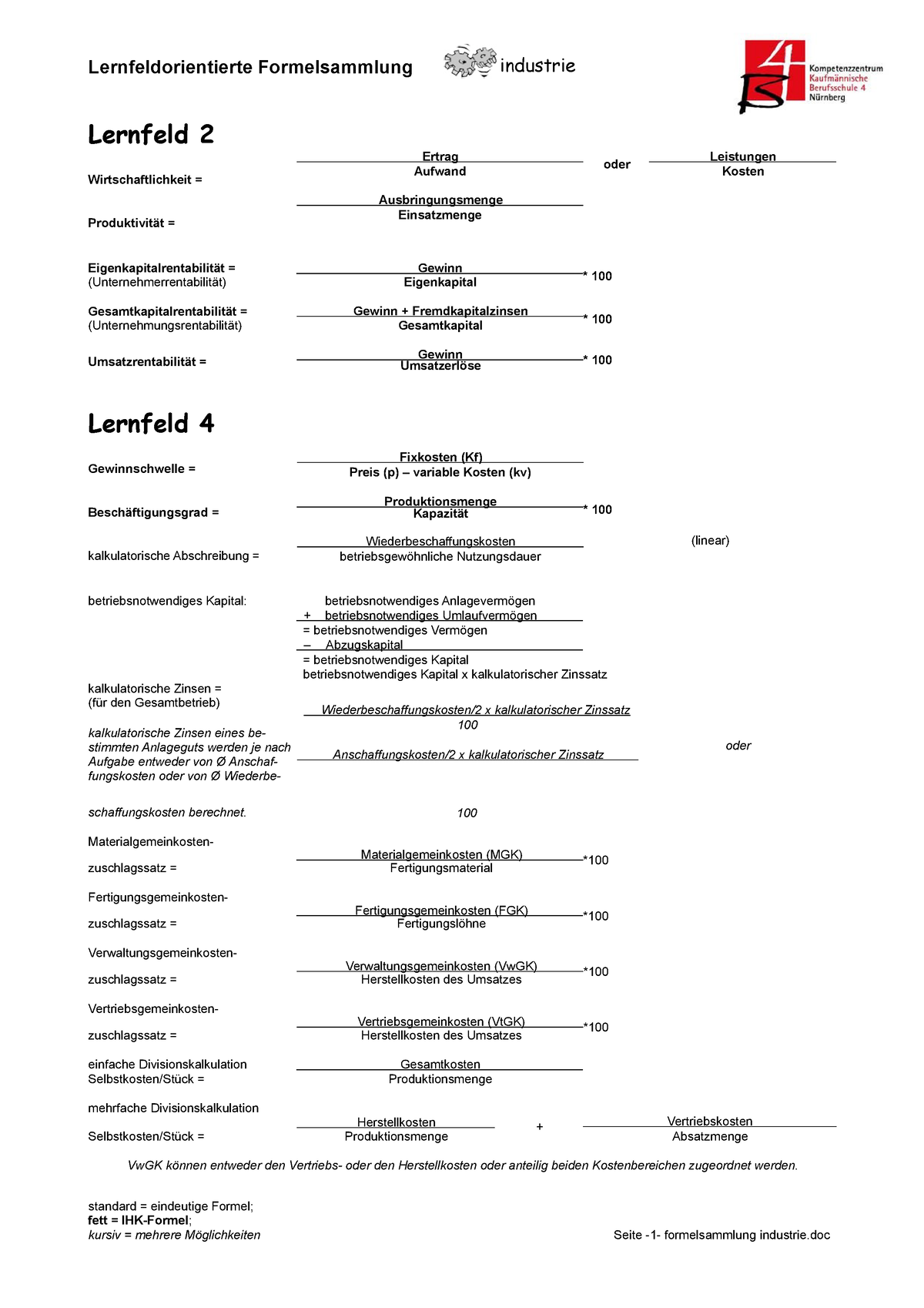 Kennzahlen Formelsammlung Eigene Darstellung Lernfeld 2 Wirtschaftlichkeit Produktivität 5030