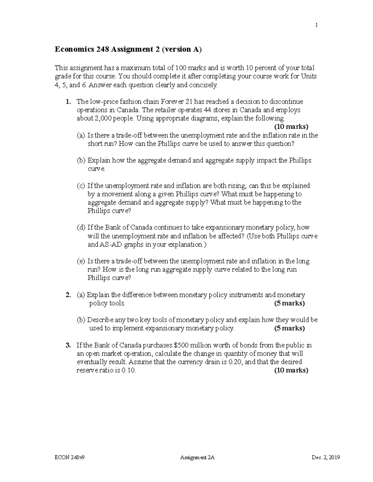 ECON248v9 Assign 2A Dec2019 - 1 Economics 248 Assignment 2 (version A ...