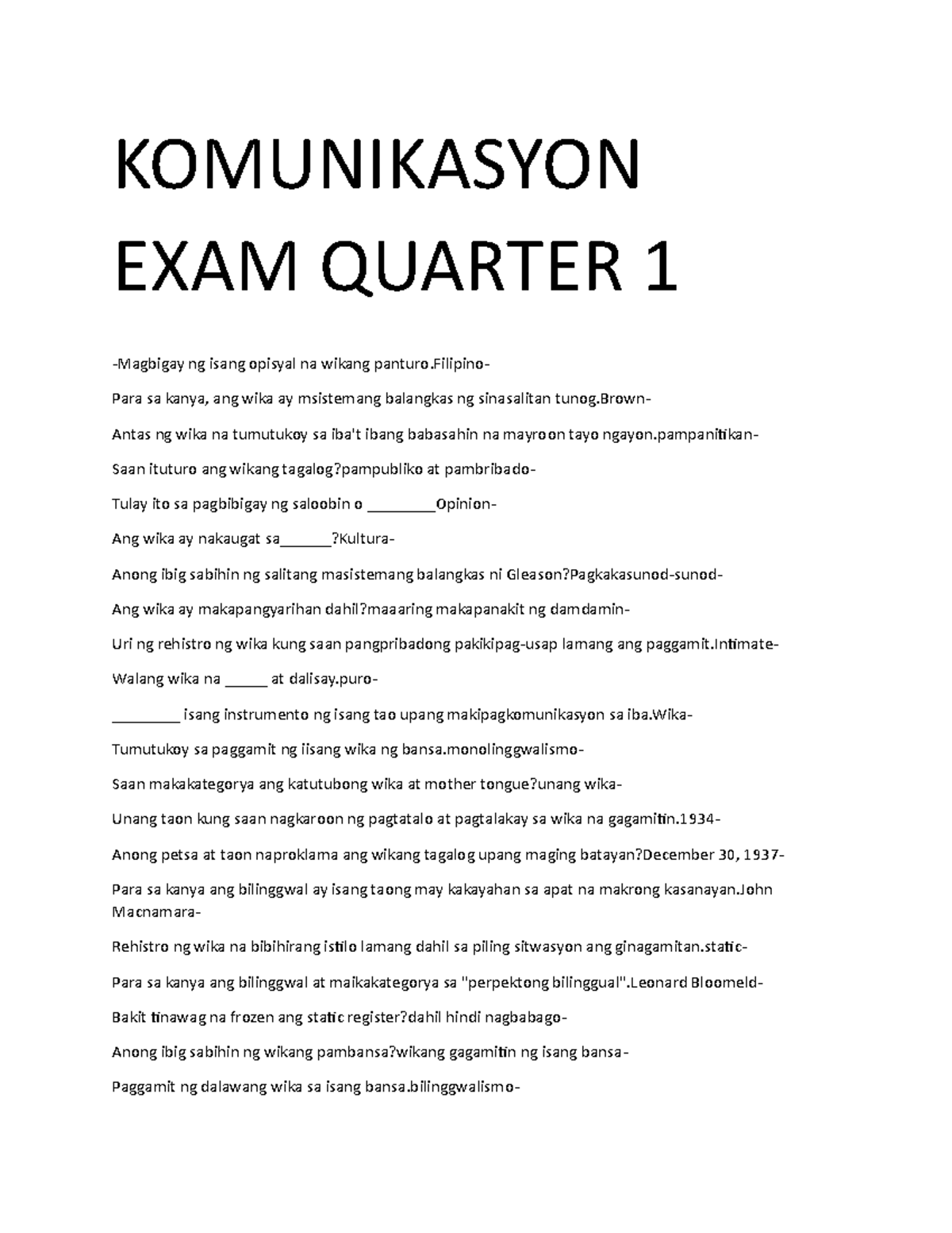 Komunikasyon EXAM Quarter 1 - KOMUNIKASYON EXAM QUARTER 1 -Magbigay Ng ...