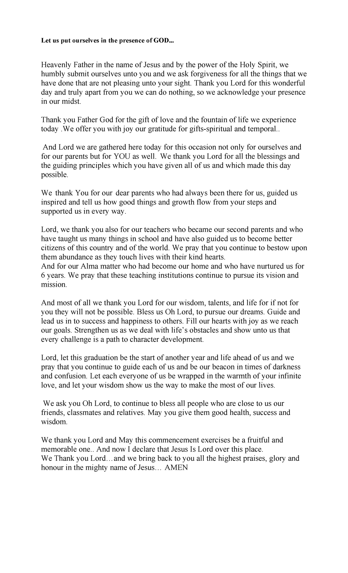 Graduation-prayer - Let us put ourselves in the presence of GOD ...