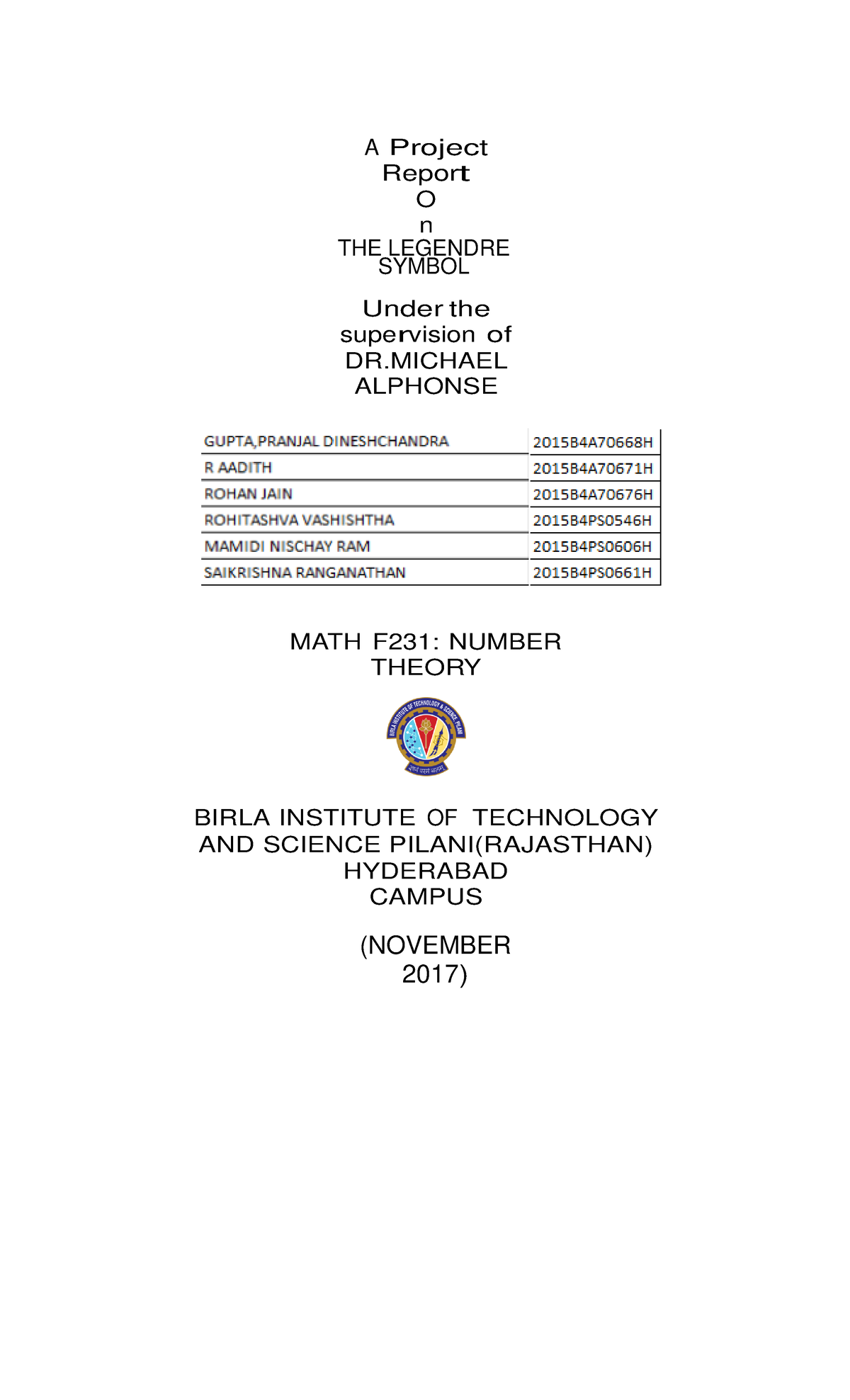 The Legendre Symbol 1 - Lecture Notes - A Project Report O n THE ...