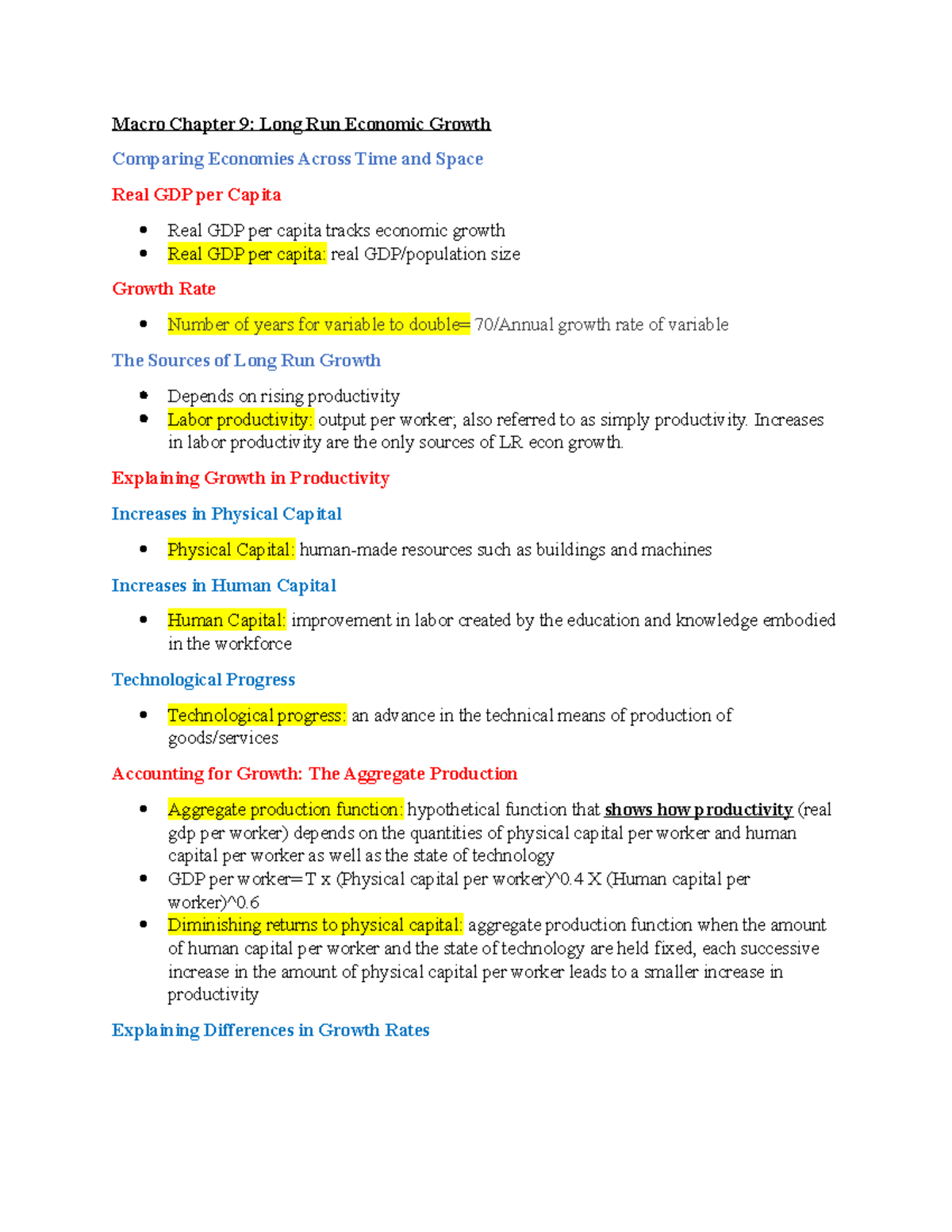 Macro Notes Chapter 9 - Macro Chapter 9: Long Run Economic Growth ...