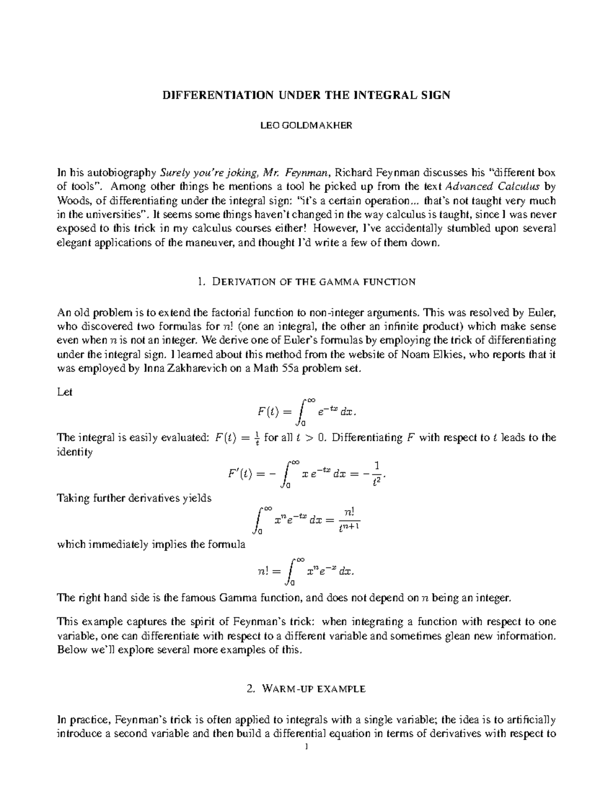 Feynman - DIFFERENTIATION UNDER THE INTEGRAL SIGN LEO GOLDMAKHER In his ...