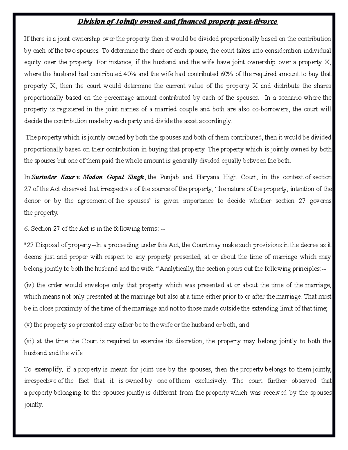 Division of Jointly owned property post divorce Corporate Finance Studocu