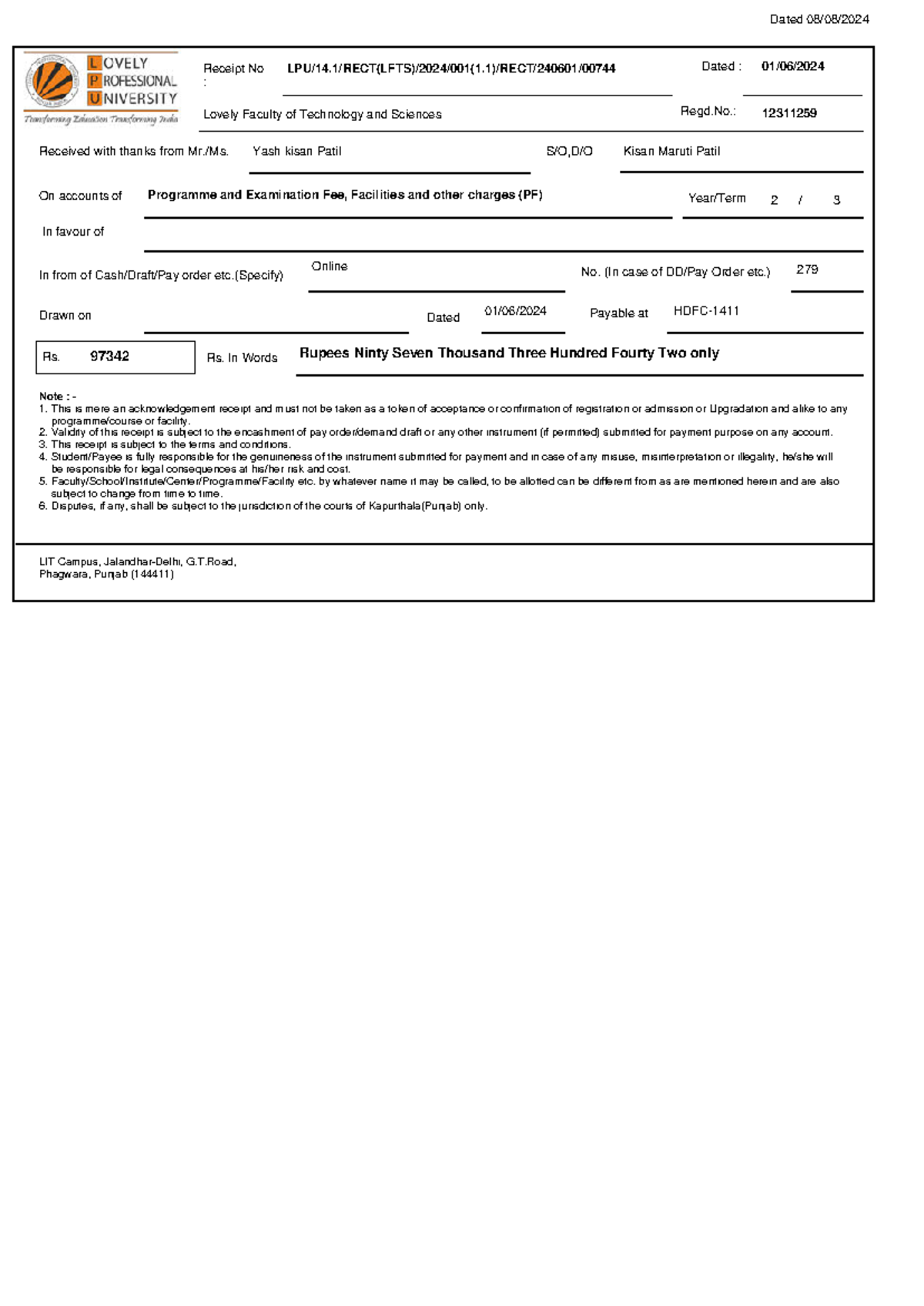 Rpt Studentfee Receipt - Receipt No : Dated : Regd.: Received with ...