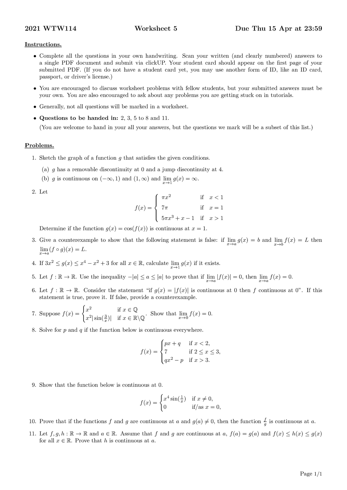 Worksheet 5 - 2021 WTW114 Worksheet 5 Due Thu 15 Apr at 23 ...