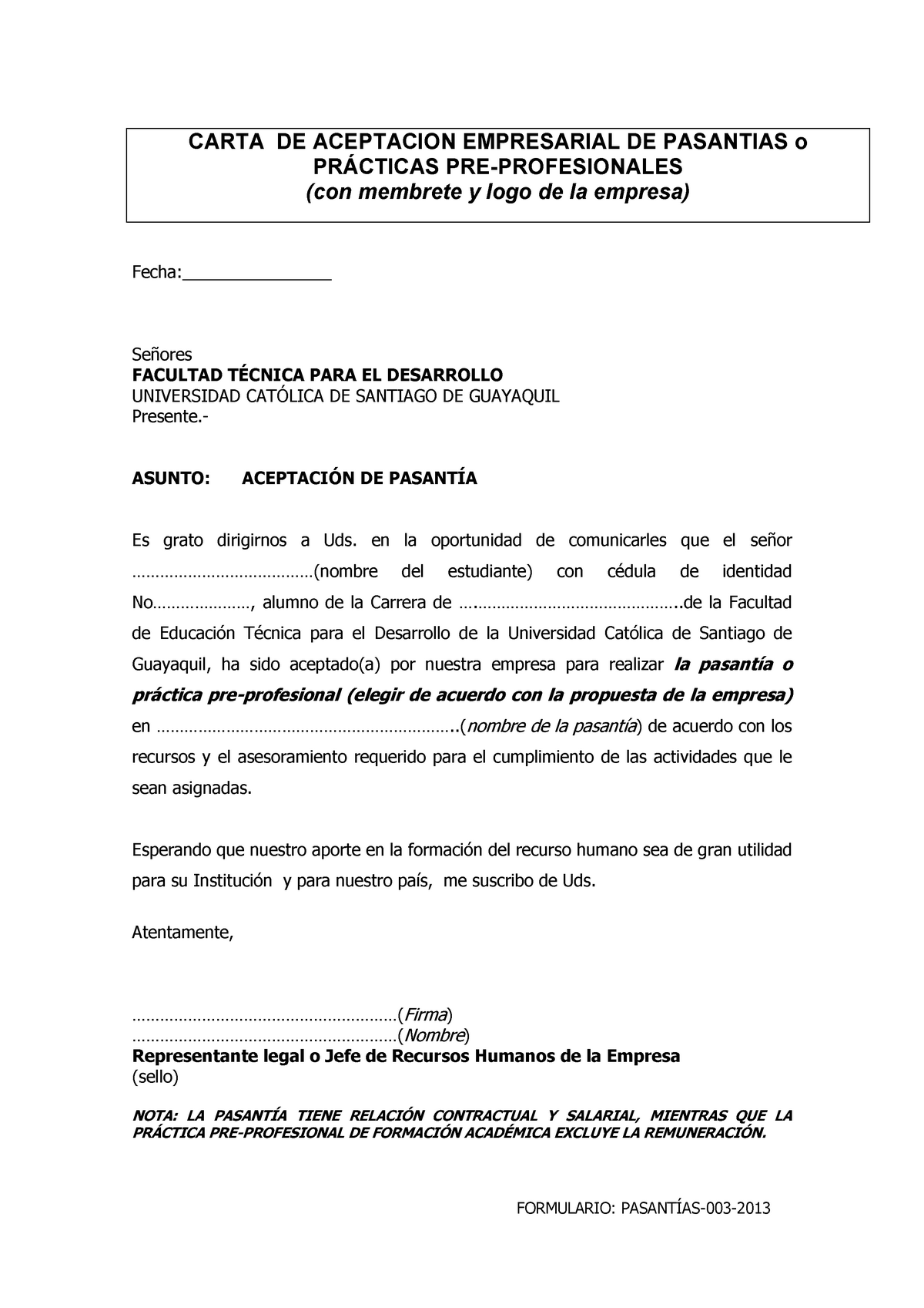 Modelo De Carta Empresarial De Aceptacion De Pasantias Pdf Carta De