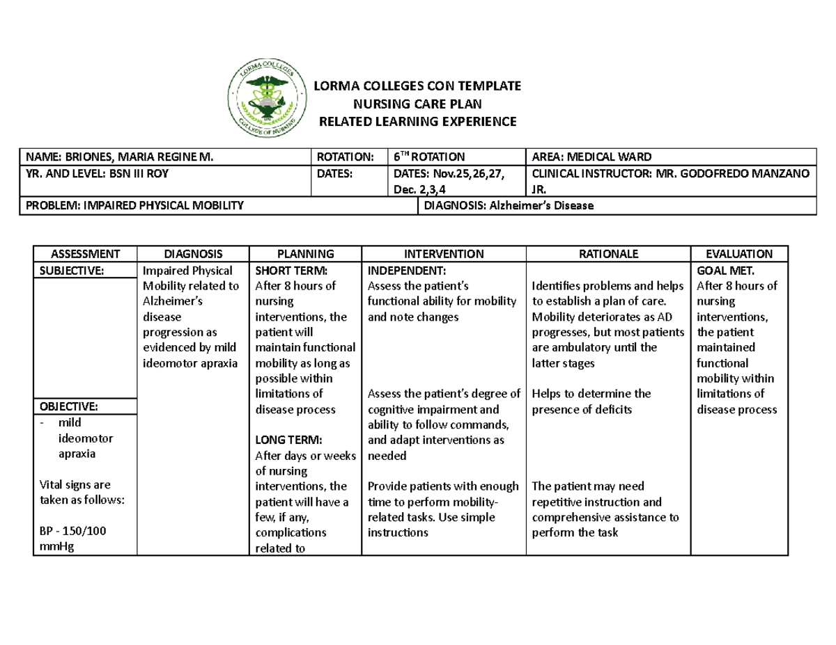 NCP 5- Briones - VFFF - LORMA COLLEGES CON TEMPLATE NURSING CARE PLAN ...