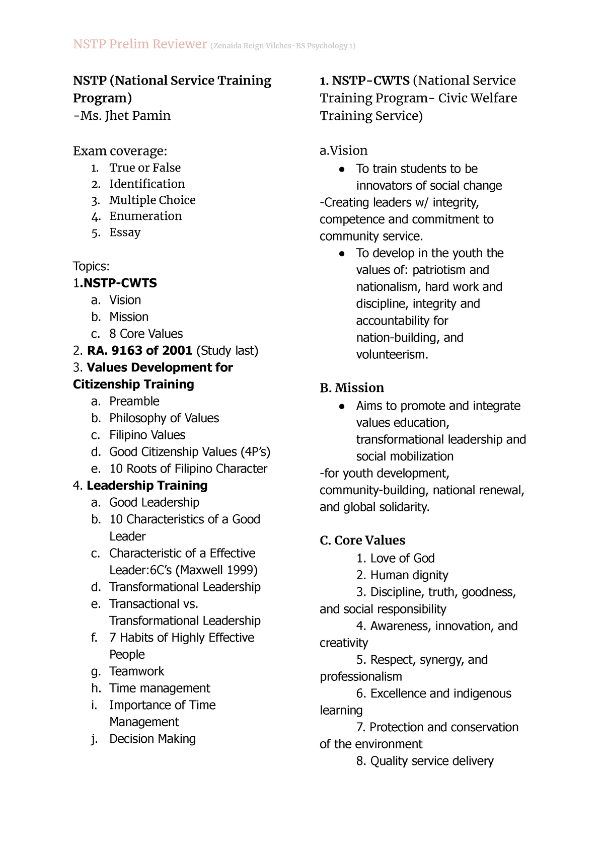 NSTP Prelim Reviewer - NSTP (National Service Training Program) -Ms ...