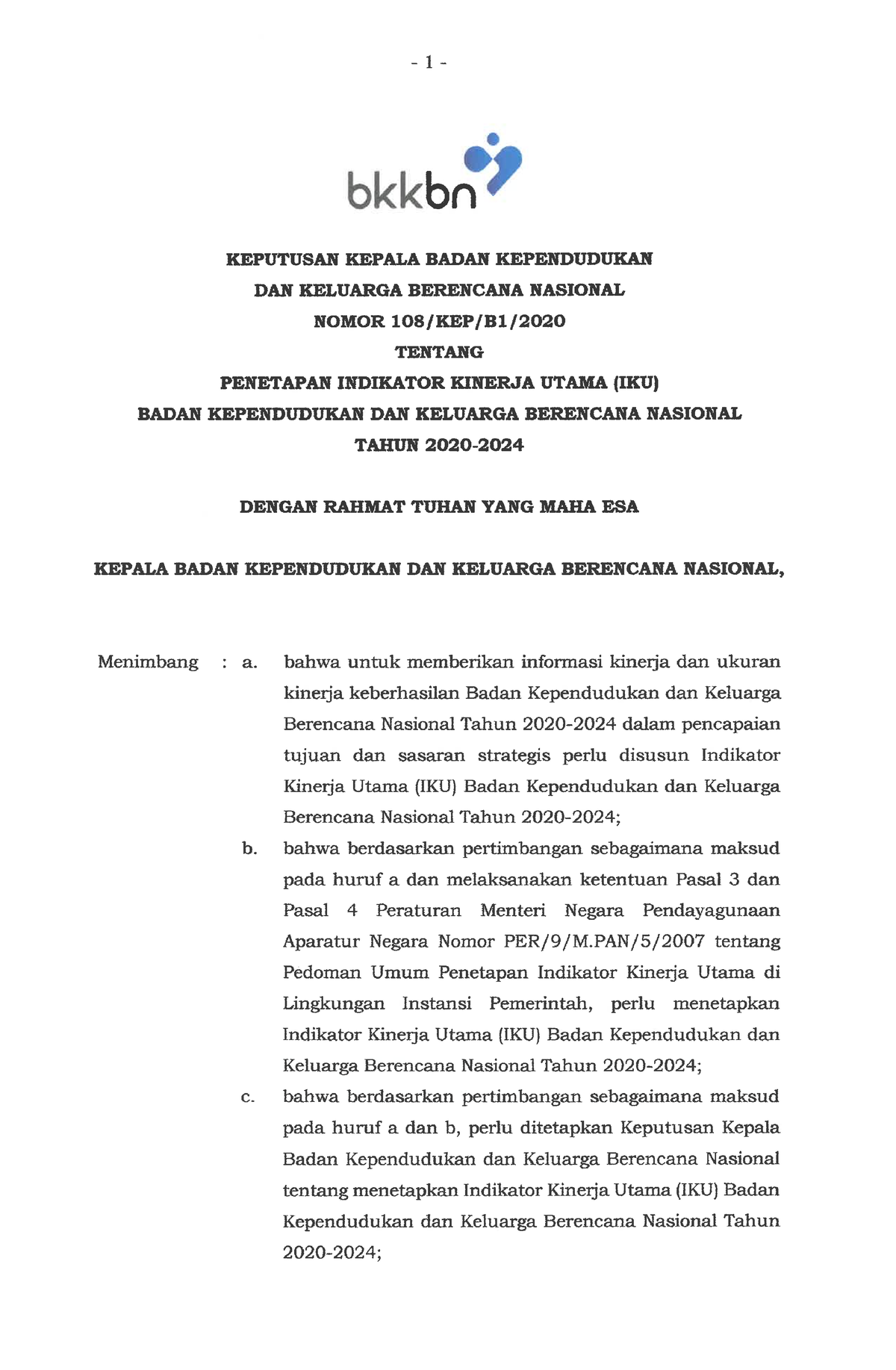 Kepka Nomor 108 Tahun 2020 Tentang Penetapan IKU Bkkbn Tahun 2020 2024 ...