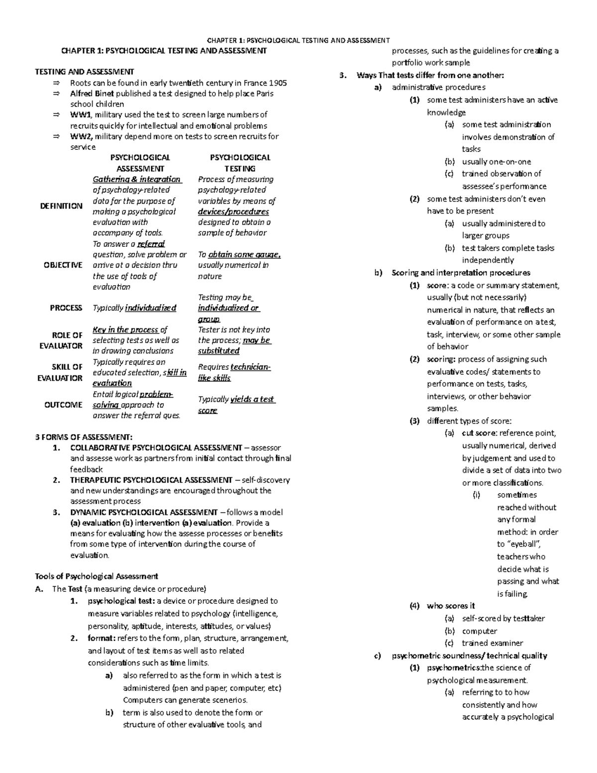 Psych Assessment Cohen Based Summary - CHAPTER 1: PSYCHOLOGICAL TESTING ...