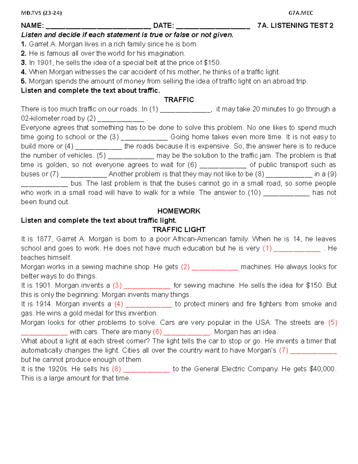 7a Listening Test 2 Name Date