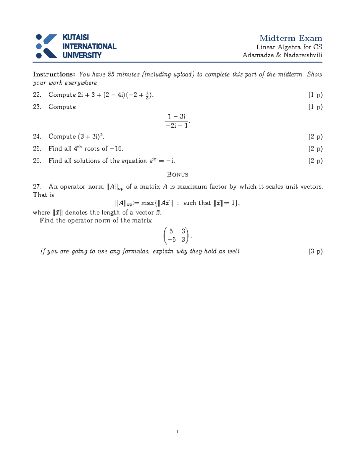 3v5 - linear algebra - Midterm Exam Linear Algebra for CS Adamadze ...