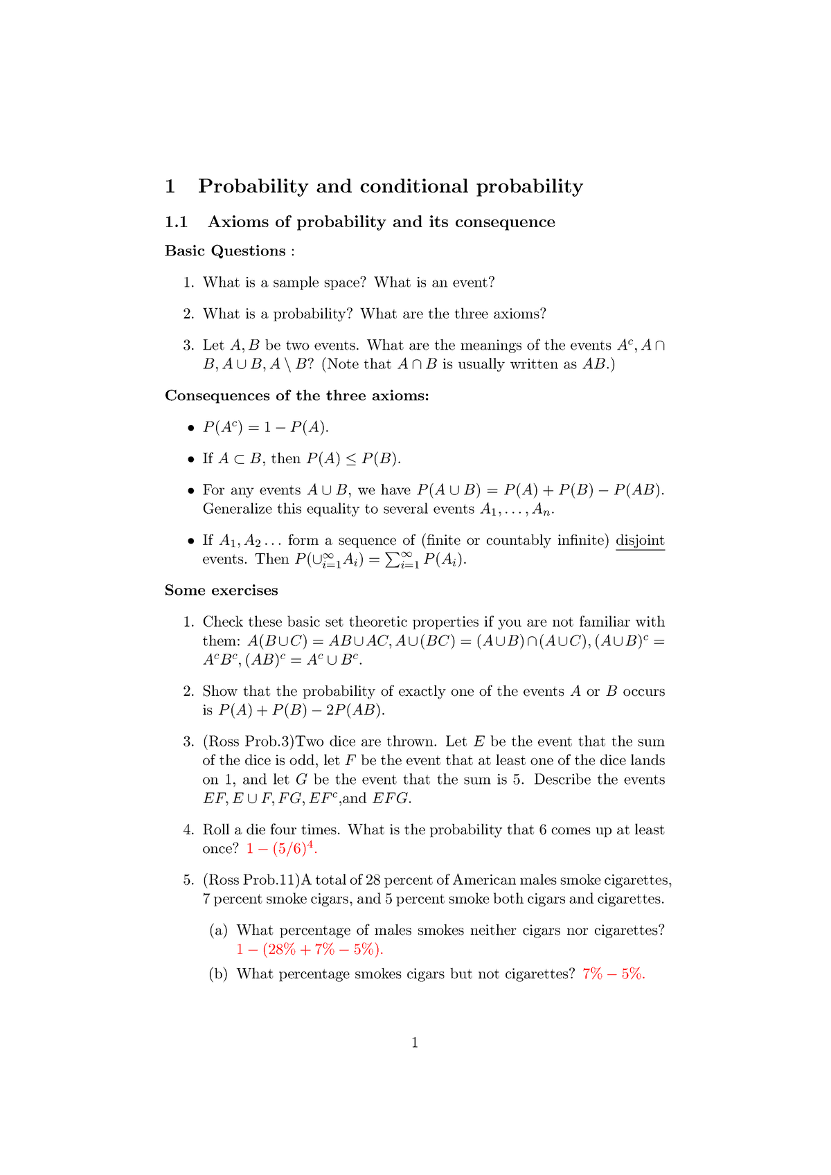 Review For Midterm 1 Red - 1 Probability And Conditional Probability 1 Axioms Of Probability And ...